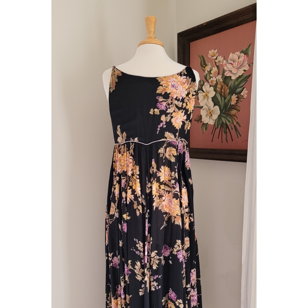 90s Black Floral Scoop Neck 1990s Vintage Flowy Feminine Rayon Gauze Maxi Dress - Picture 15 of 16